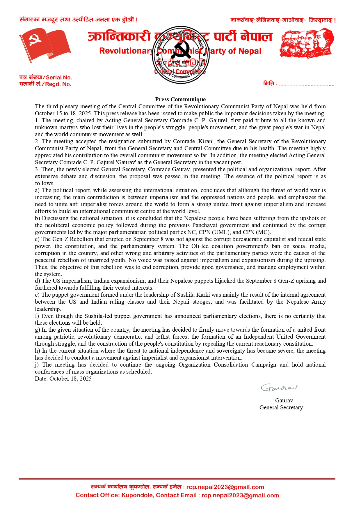 The resolutions on current issues adopted by the third plenary meeting of the Central Committee of RCPN The resolutions on current issues adopted by the third plenary meeting of the Central Committee of RCPN