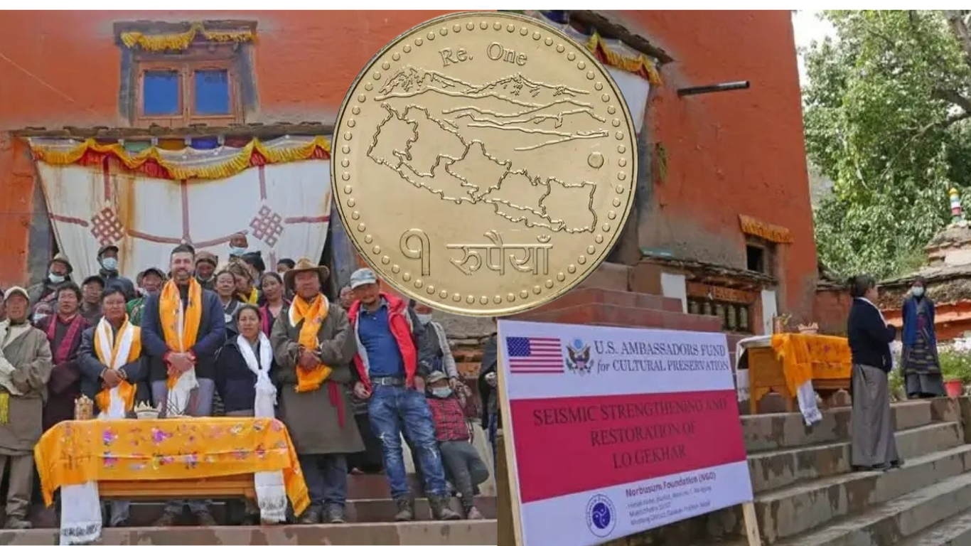 सिक्कामा चुच्चे नक्सा हटाएर अमेरिकी दूताबासको लगानी रहेको गुम्बाको तस्बीर अंकित गरिदै सिक्कामा चुच्चे नक्सा हटाएर अमेरिकी दूताबासको लगानी रहेको गुम्बाको तस्बीर अंकित गरिदै